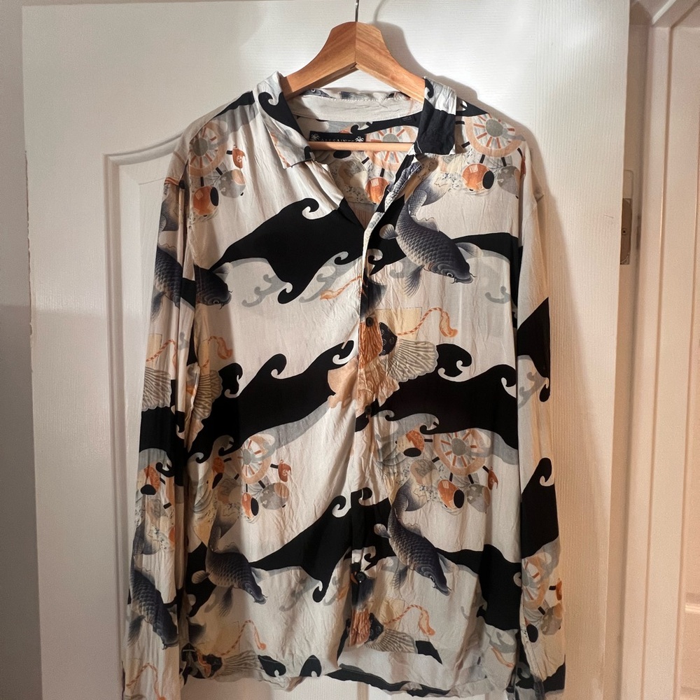 All Saints Black and White Koi Silk-Like Button Down Shirt